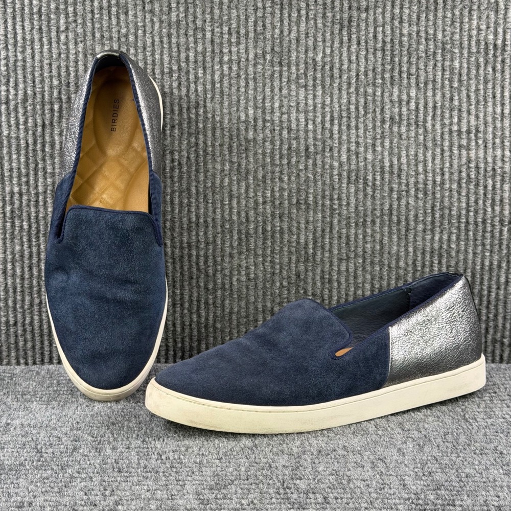 Birdies Swift Navy Blue Suede Metallic Silver Leather Slip On Sneakers Womens 8